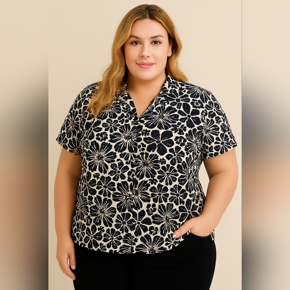 Coconut Cafe Tops - Coconut Cafe Plus Size Black and White Floral Button Down Shirt